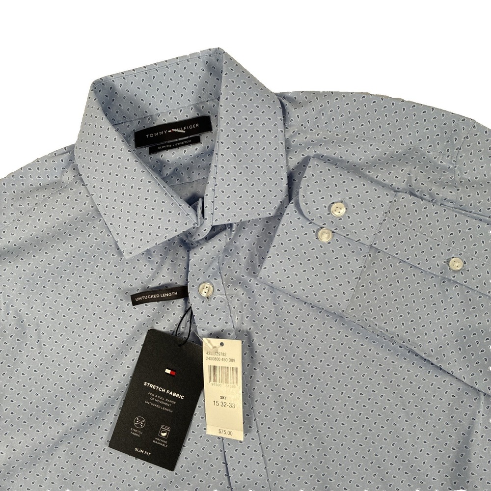 Tommy Hilfiger Mens Slim Fit Stretch Paisley Shirt Untucked Sz M 15.5 32-33 New
